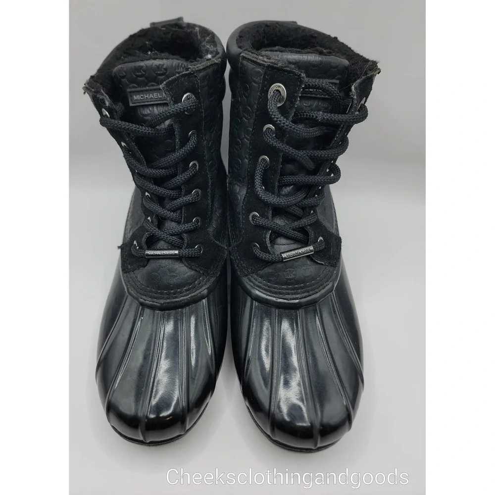 Michael Kors Black Monogram Leather Rubber Duck Boots Ankle Rain Snow Womens 9